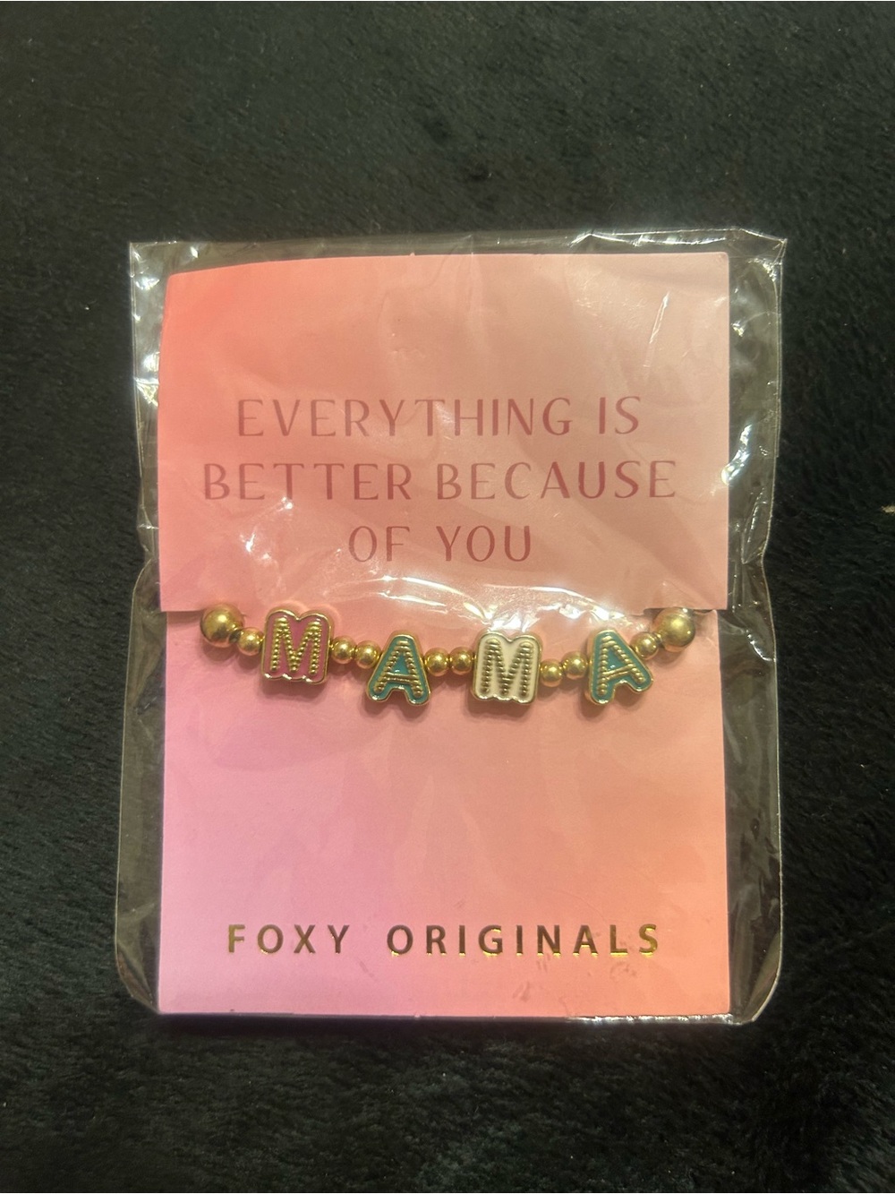 Foxy Originals “MAMA” Gold Tone Beaded Stretch Bracelet Multicolor Enamel